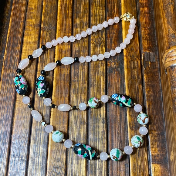 Hand Crafted Jewelry - Handmade necklace rose quartz, onyx, cloisonné  with gold filled beads